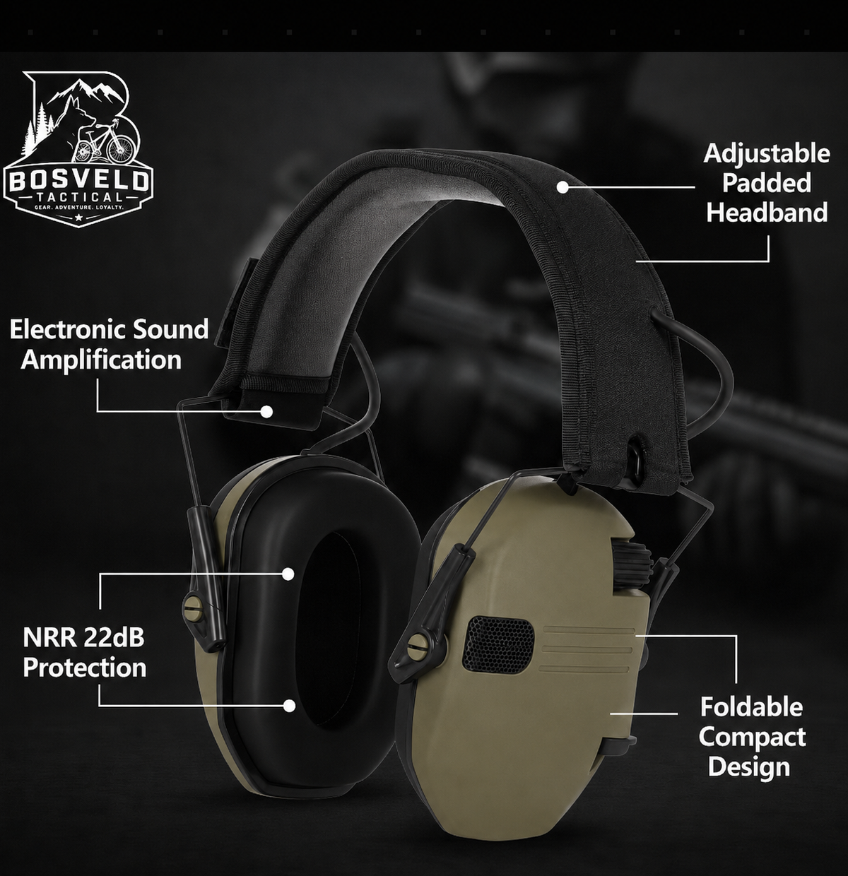 Bosveld Tactical Electronic Noise-Canceling Ear Muffs